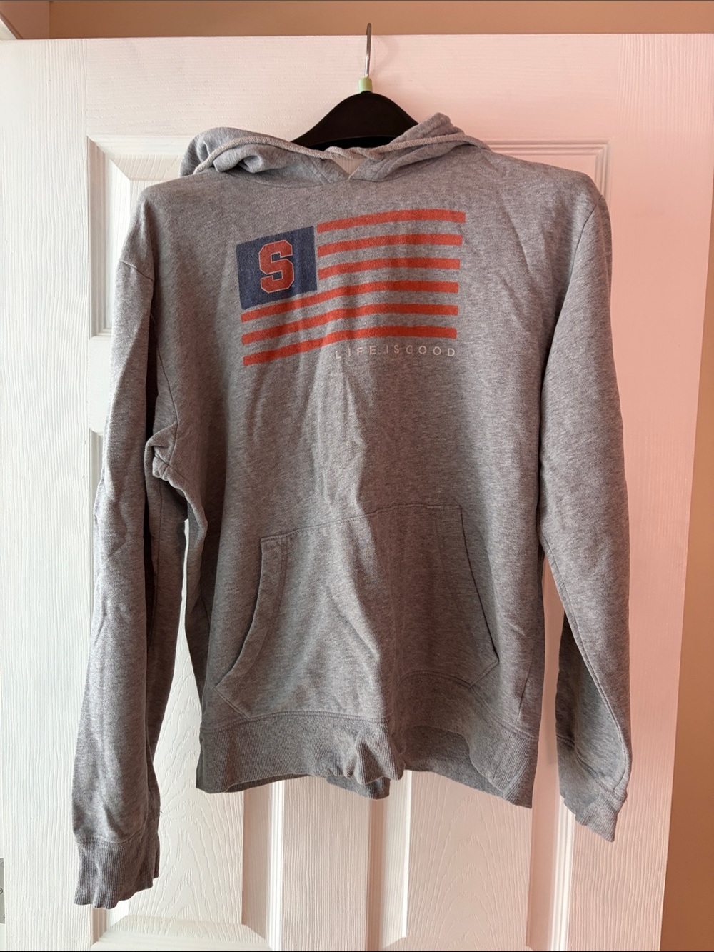 Life Is Good Gray Hoodie with Orange Stripes and Blue Patch S Graphic